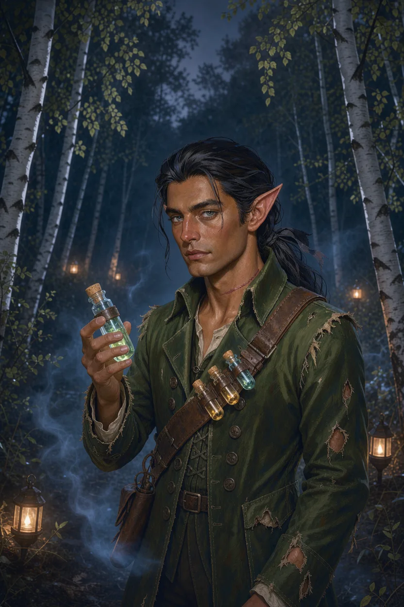 Kael, a fae exile with long black hair and pointed ears, holds up a glowing glass vial at the edge of a moonlit birch wood.